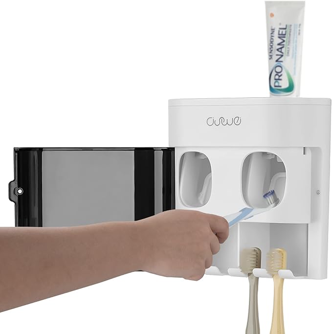 Linkidea Support de brosse à dents avec 2 presse-dentifrice, 4 emplacements, distributeur de dentifrice mural pour douche et salle de bain, compatible avec Oral-B CrossAction, Colgate Extra Clean