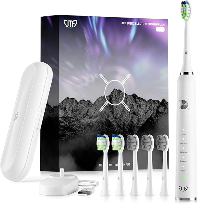JTF Brosse À Dent Électrique Sonique Adultes avec 6 Têtes de Brosse et Étui de Voyage, Chargeur Rapide sans Fil et Longue Durée, 5 Modes et Minuteur Intelligent, Brosse À Dent Voyage, P200 Blanc