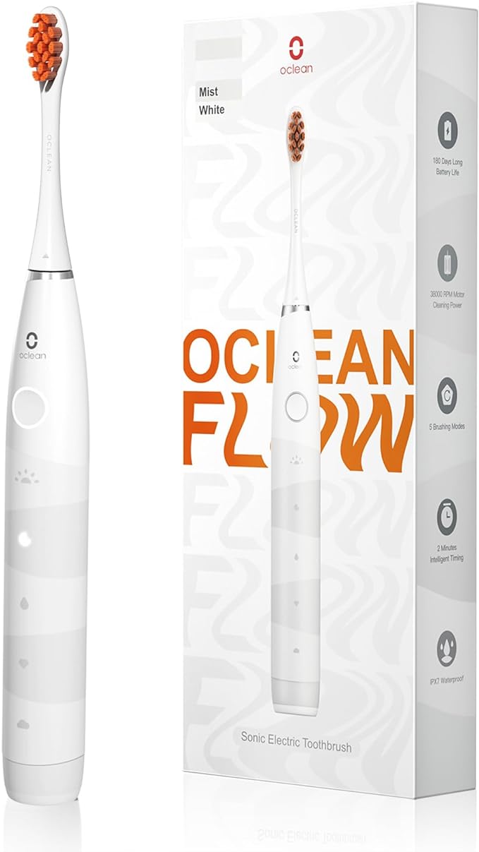 Oclean Flow, Brosse à Dents Électrique, 5 Modes avec Blanchiment, Brosse à Dents Sonique avec Autonomie de 180 Jours, Minuterie 2 Min & Rappel 30s, IPX7 - Blanc
