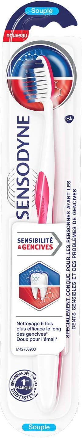 Sensodyne Brosse à dents Sensibilité & Gencives, Souple, Pour Les Dents Sensibles Sans Endommager Les Gencives, Couleur Aléatoire