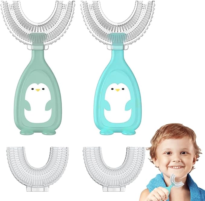 NHPY 2 PCS Brosse à Dent Enfant en Forme de U, Brosse À Dents Manuelle Enfant/Bébé âge 2-6 ans Brossage Nettoyage Complet 360 Degrés Tête de Brosse à Dent avec deux brosses de remplacement