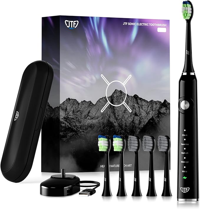 JTF Brosse À Dent Électrique Sonique Adultes avec 6 Têtes de Brosse et Étui de Voyage, Chargeur Rapide sans Fil et Longue Durée, 5 Modes et Minuteur Intelligent, Brosse À Dent Voyage, P200 Noir