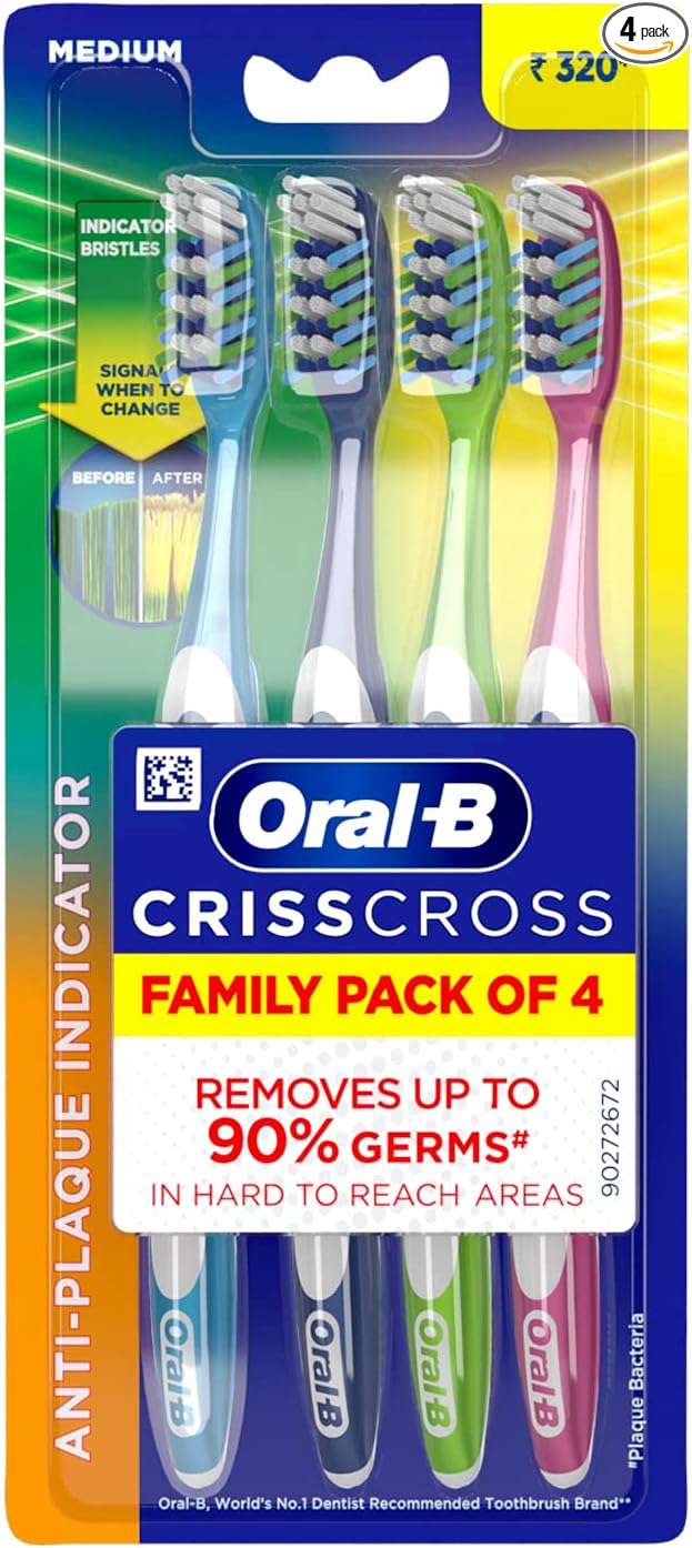 Oral B Criss Cross Lot familial de 4 brosses à dents – Moyennes, pour adultes, manuel, multicolore