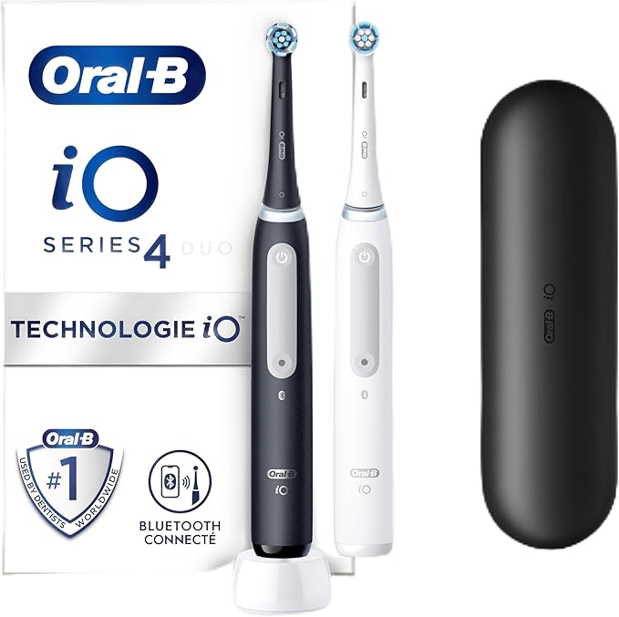 Oral-B iO 4 Duo Brosses À Dents Électriques Noire Et Blanche, Le Capteur De Pression Pour Protéger Les Gencives, Lot De 2 Manches, Des Accessoires, 2 Brossettes Rondes, 1 Chargeur, 1 Étui De Voyage