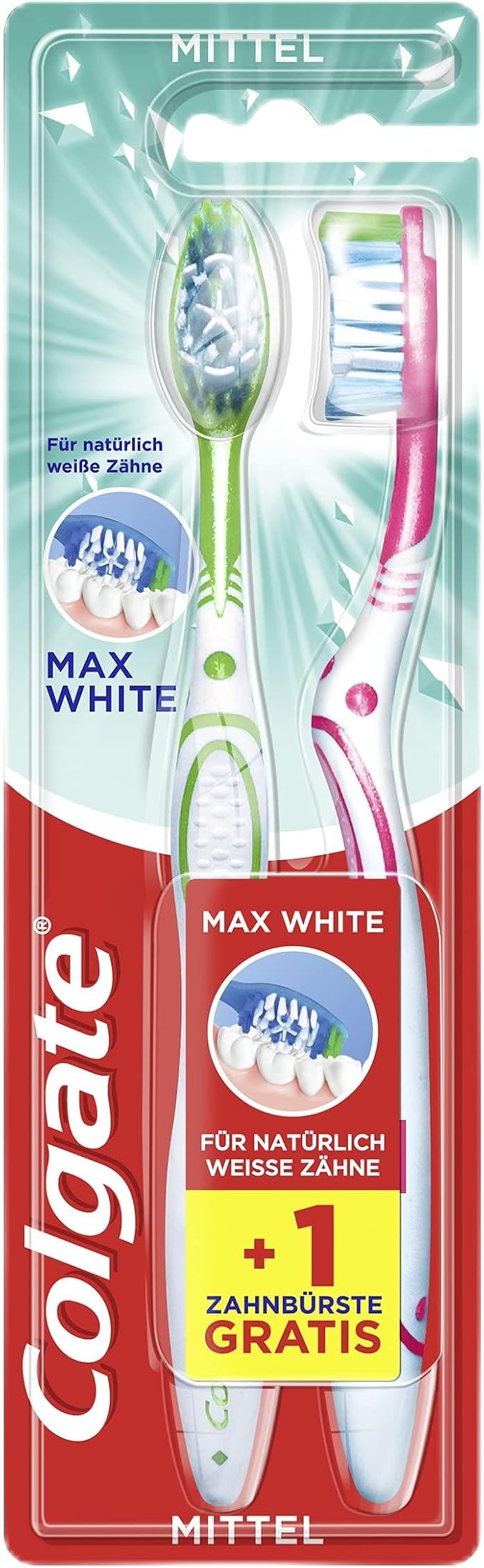 Colgate Max White Lot de 2 brosses à dents manuelles pour des dents naturellement blanches, avec poils moyennement durs