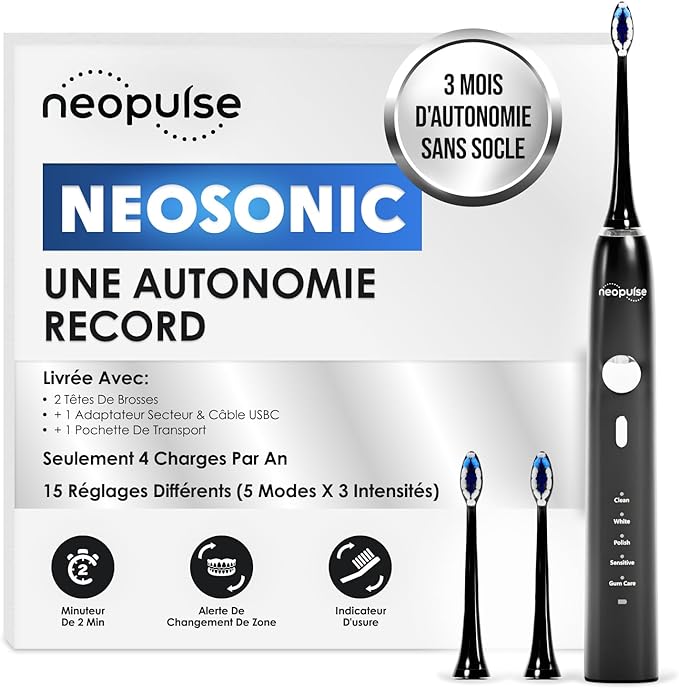 NEOPULSE® - NEOSONIC® - Brosse à Dents Électrique Technologie Sonique + 2 Têtes de brosse - Rechargeable USB-C - 3 Mois d'Autonomie - 15 Réglages - Minuteur - Compatible NEOKIDS- Garantie 2 Ans - Noir
