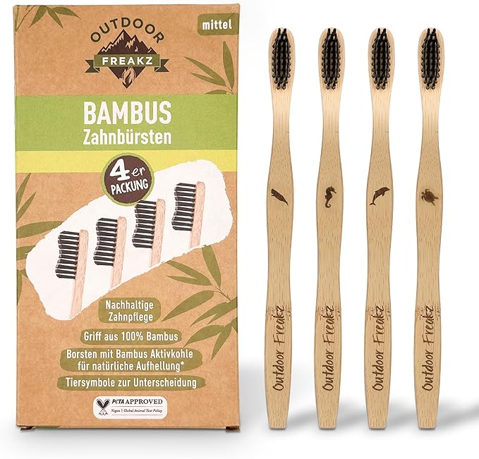 Pack de 4 brosses à dents en bambou biodégradable, poils souples infusés au charbon végétal, Ergonomique et Vegan.