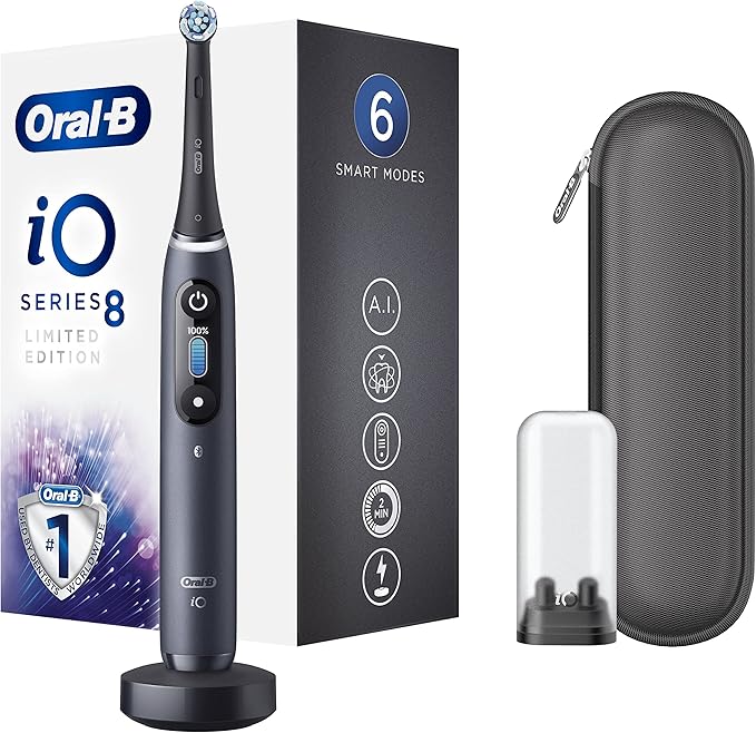 Oral-B iO - 8 Édition Limitée - Brosse À Dents Électrique Noire, 1 Manche Haut De Gamme connecté Bluetooth Avec Technologie Magnétique Révolutionnaire, 1 Brossette, 1 Étui
