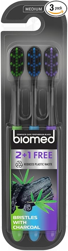 Biomed Lot de 3 brosses à dents noires au charbon de bois | Poils moyens avec pointes arrondies, sans BPA | Pour blanchiment