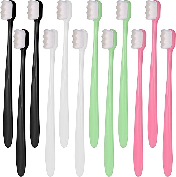 metagio Lot de 12 brosses à dents extra douces Micro Nano manuelles avec 20 000 poils pour gencives fragiles adultes et enfants (noir, blanc, vert, rose)