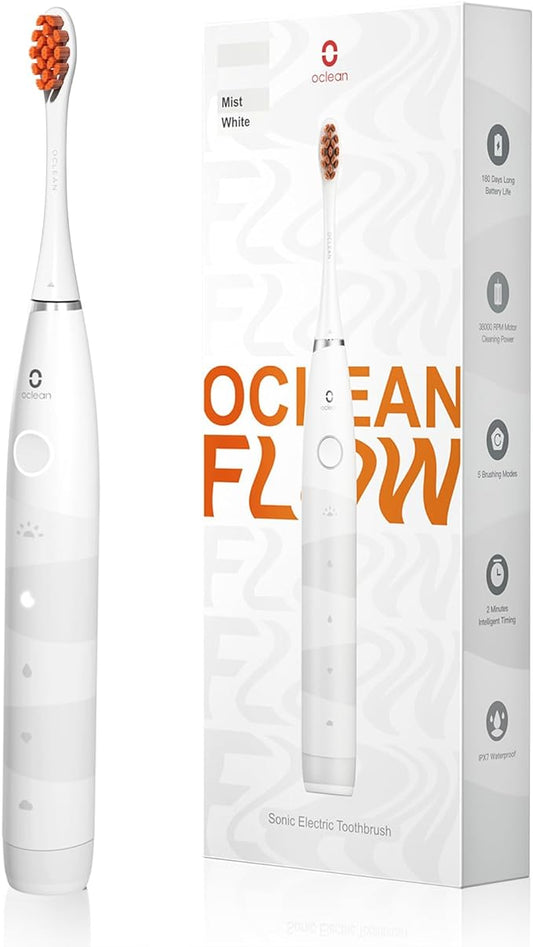 Oclean Flow, Brosse à Dents Électrique, 5 Modes avec Blanchiment, Brosse à Dents Sonique avec Autonomie de 180 Jours, Minuterie 2 Min & Rappel 30s, IPX7 - Blanc