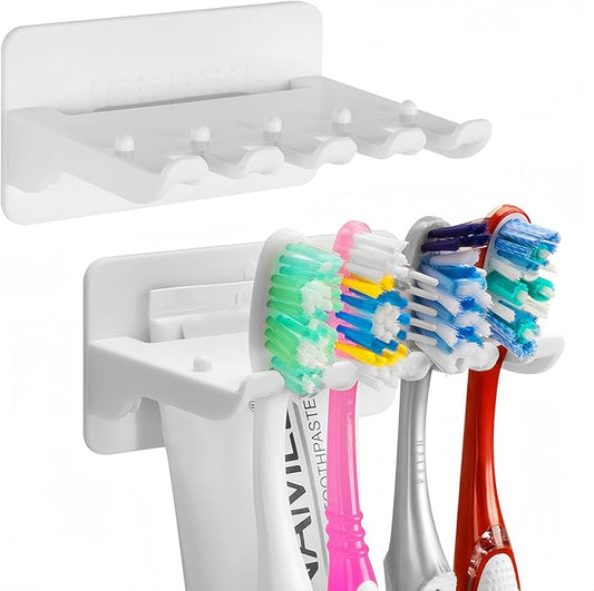 Linkidea Lot de 2 porte-brosses à dents muraux pour salle de bain, en plastique, autocollants, 4 emplacements, compatible avec le manuel Colgate Renewl, Oral-B CrossAction (blanc)