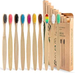SWKJ Lot de 10 brosses à dents en bambou naturel bio avec poils doux, respectueux de l'environnement et sans plastique pour la famille, les voyages (multicolore)