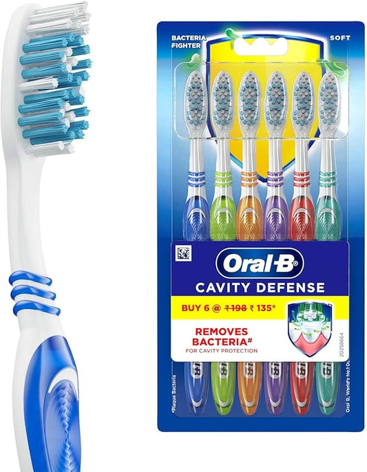 Oral-B Cavity Defense Lot de 6 brosses à dents souples pour adultes, poils souples, élimine les bactéries pour la protection de la cavité, multicolore, manuel