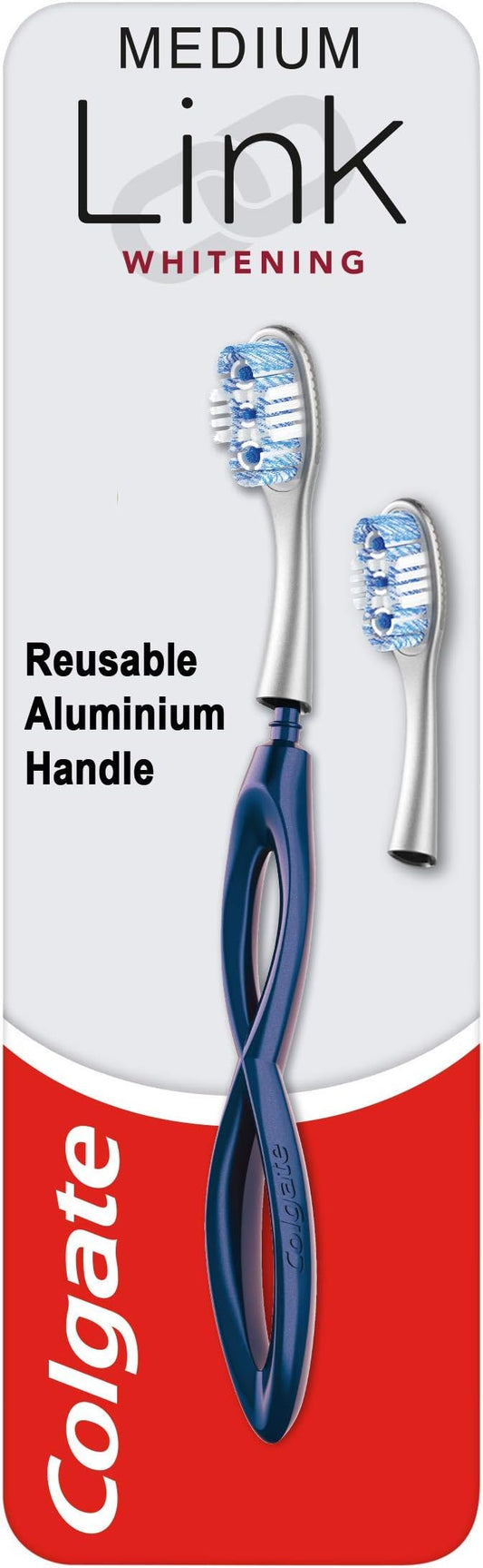 Colgate Link Kit de blanchiment manuel pour brosse à dents comprenant 1 manche en aluminium de qualité supérieure et 2 têtes de brosse de rechange blanchissantes de taille moyenne, bleu marine,