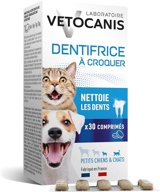 Vetocanis | Dentifrice pour Chien et Chat à Croquer | Renforce l'émail | Dentifrice Anti Tarte Chien et Chat | Pour Petits Chiens et Petits Chats | Arôme Poulet | 30 Pastilles | Fabriqué en France