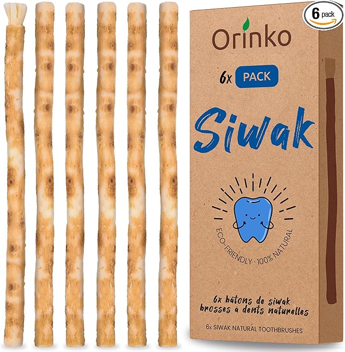 ORINKO Lot de 6 Bâtons de Siwak – Brosse à Dents 100% Naturelle – Nettoyant, Désinfectant et Blanchissant - Écologique, Biodégradable et Végan – Ebook Offert