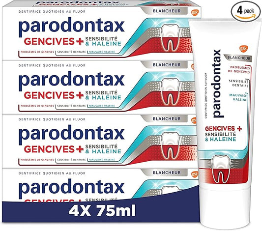 Parodontax Dentifrice Blanchissant Gencives + Sensibilité et Haleine Blancheur, Cible la Mauvaise Haleine et les Problèmes de Gencives avec une Action Blancheur, Lot de 4 x 75ml