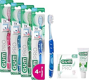 Brosse à dents manuelle souple GUM PRO | BRINS effilés | manche ergonomique antidérapant | tête compacte | 4 x 1 pièce (avec 1 échantillon gratuit)